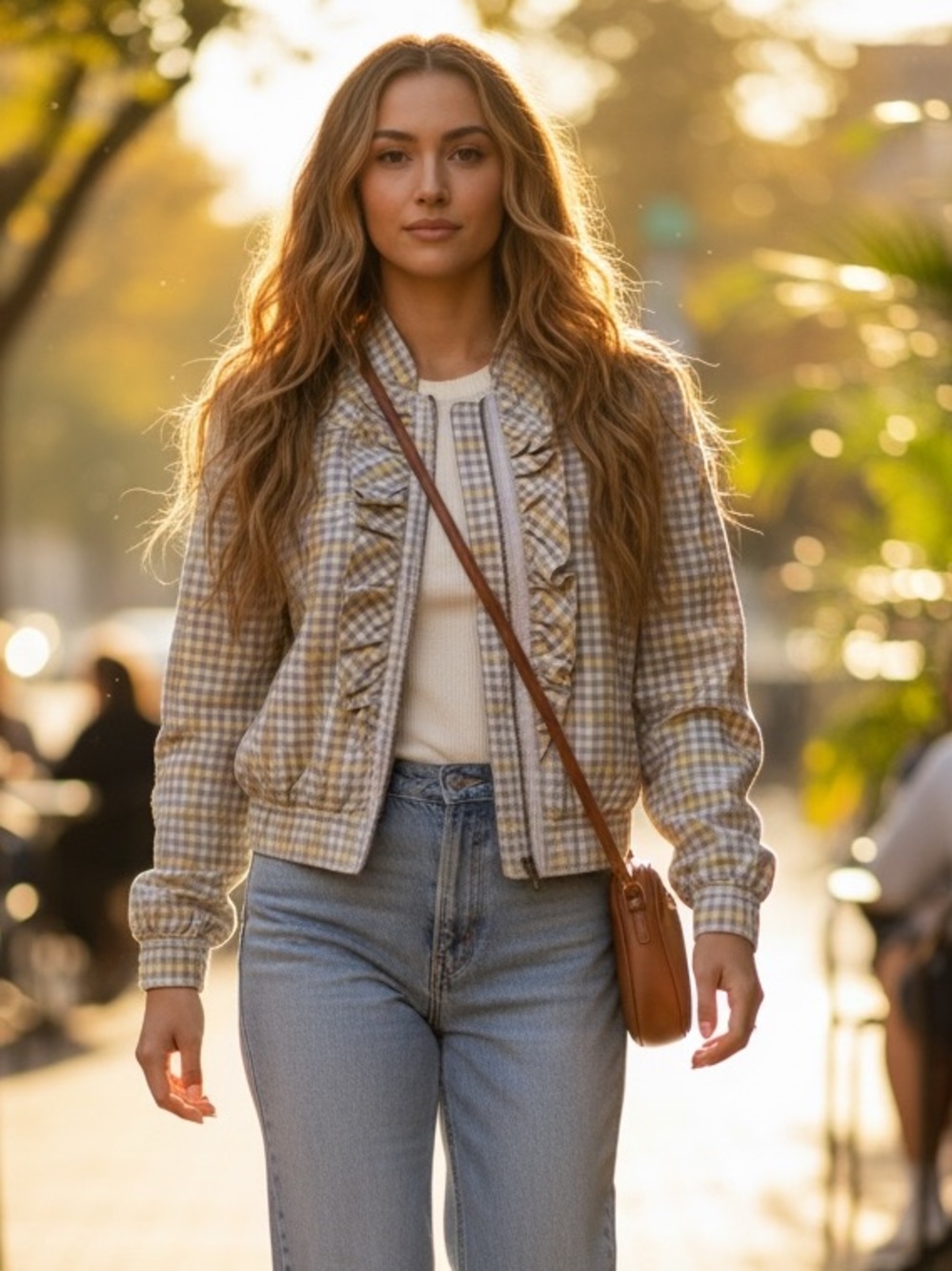 Anthropologie Idra Gingham Ruffle Zip Jacket Bomber Plaid Mandarin Collar